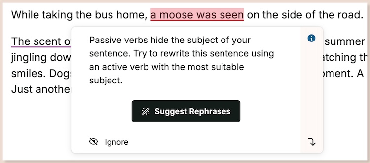 passive verb highlighted in prowritingaid
