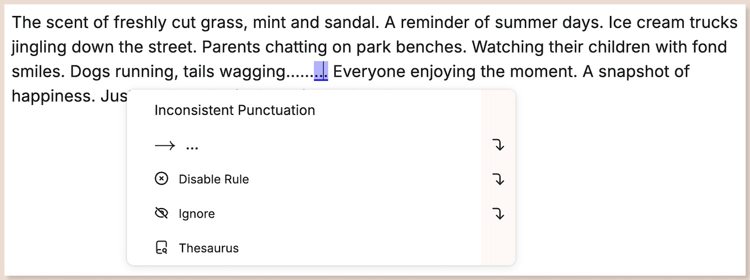 consistency report in prowritingaid showing inconsistent ellipses