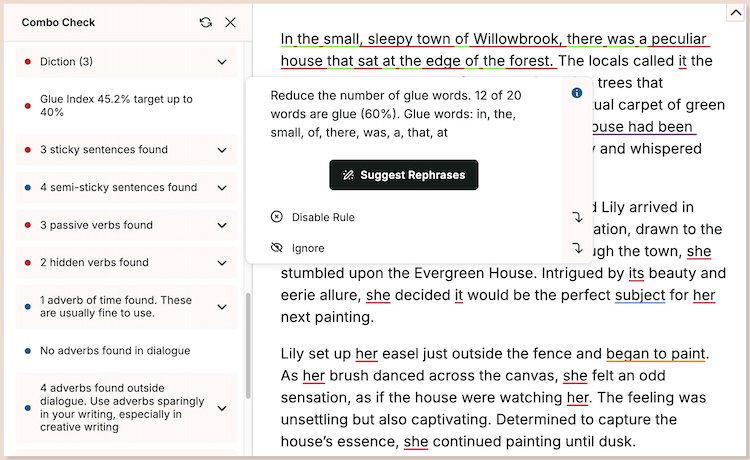 combo report showing glue words