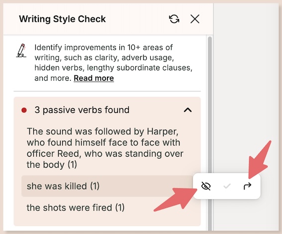 prowritingaid writing style check navigation menu showing and eye icon and an arrow icon