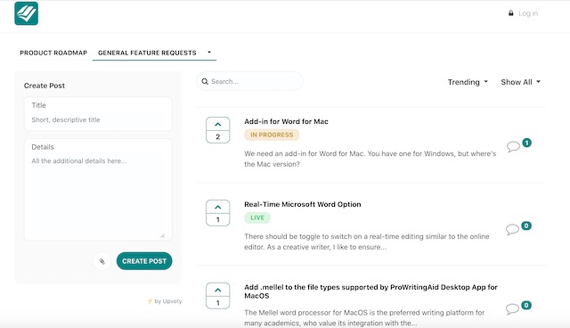 screenshot of feature requests in upvoty
