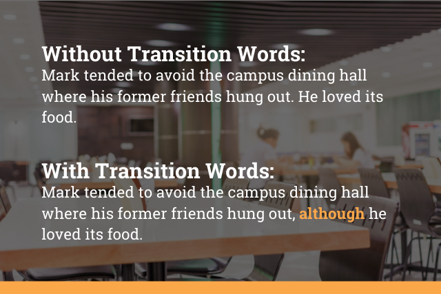 two sentences from above, one with a transition one without