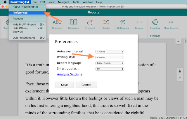 changing editor settings in ProWritingAid