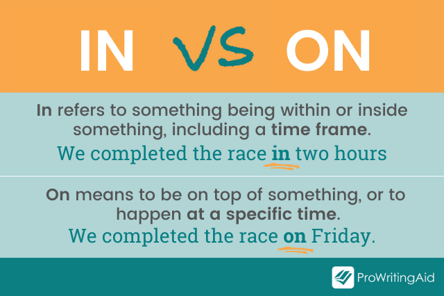in vs. on with examples