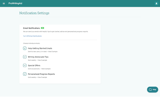 screenshot of prowritingaid notification settings