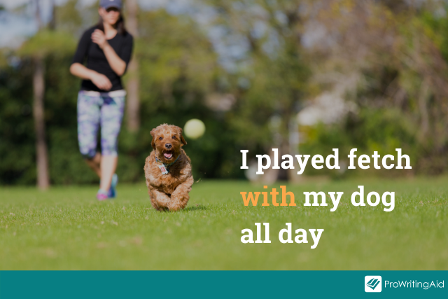preposition dog example, image of dog playing fetch