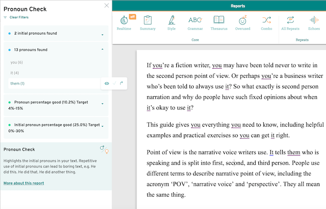 pronoun report in prowritingaid showing a third person pronoun