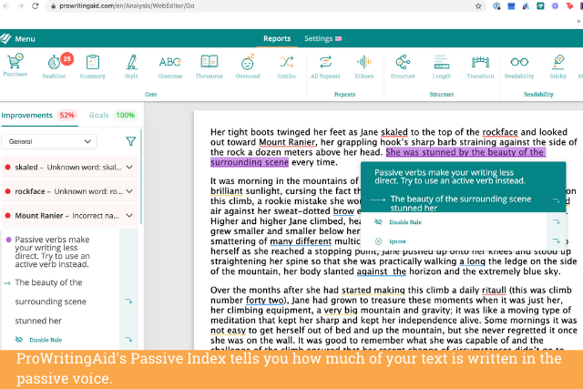 Screenshot of ProWritingAid's passive index