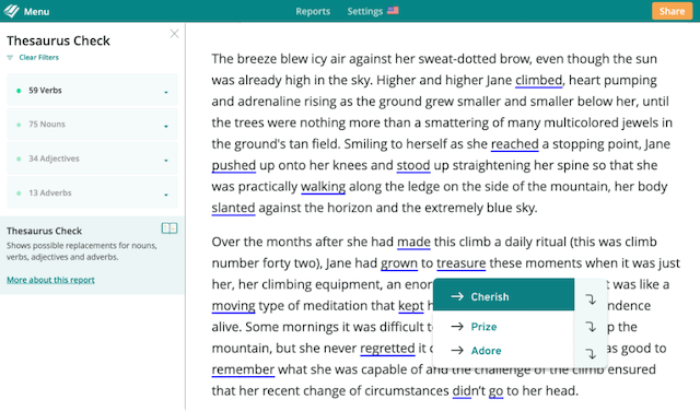 verbs in prowritingaid's thesaurus report