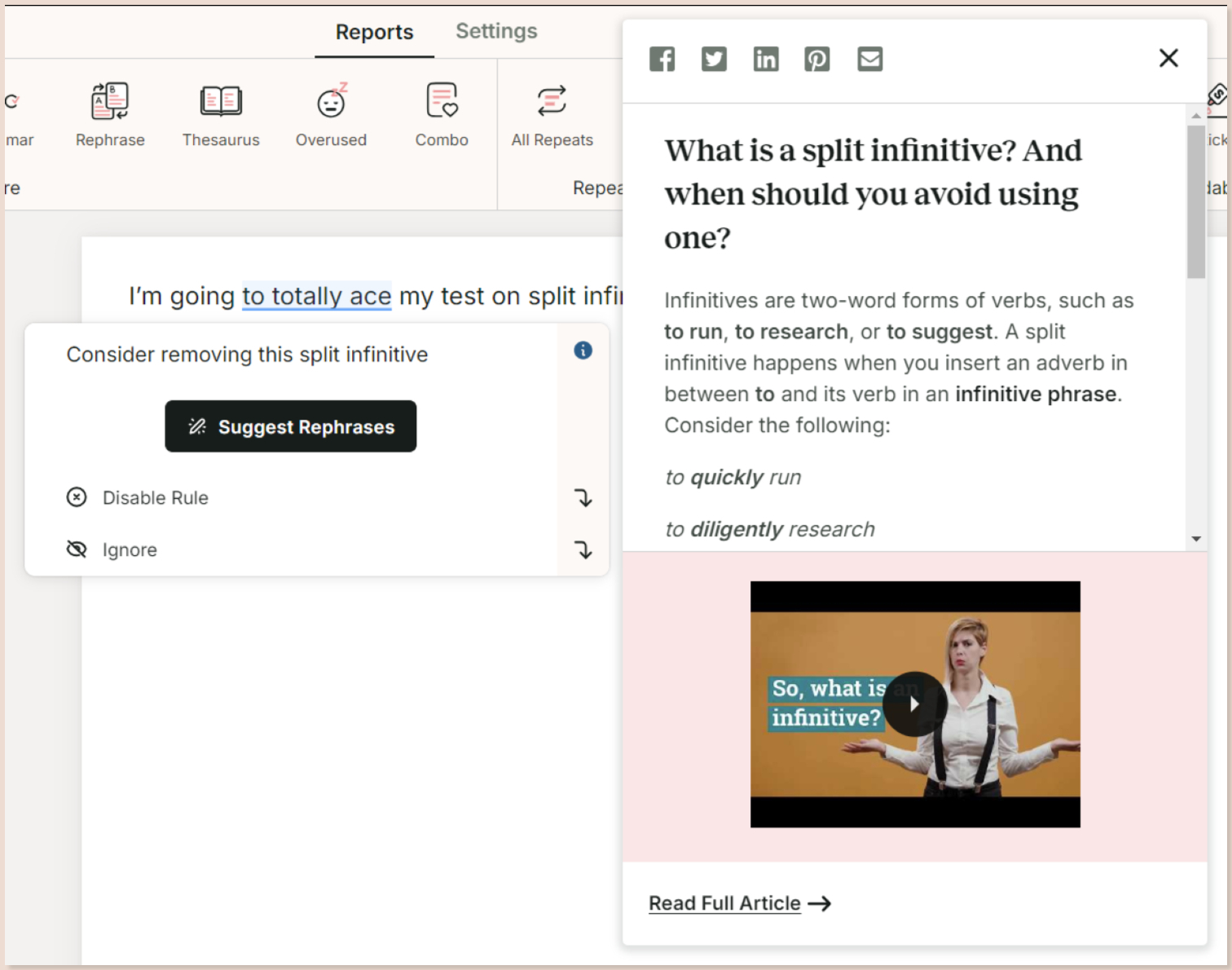 ProWritingAid's Realtime report highlighting split infinitives