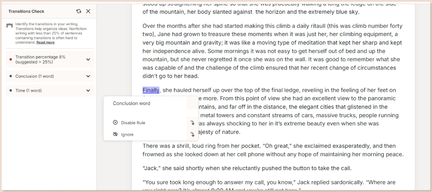 prowritingaid software highlighting all transition words at the start of sentences in a piece of text
